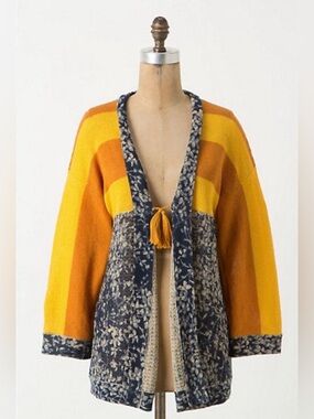 Anthropologie- Kimono Striped Yellow & Rust Open Cardigan with Navy Pattern Trim